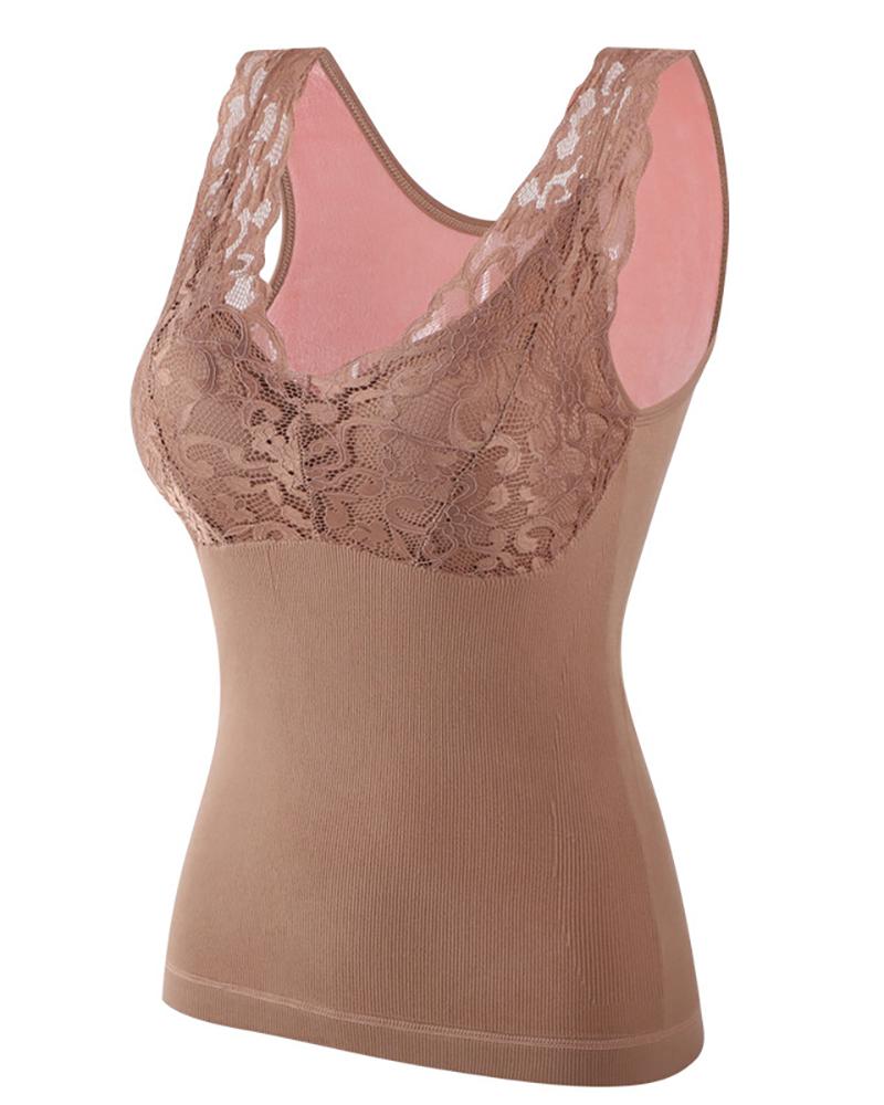 

U Neck Lace Trim Padded Vest Thermal Underwear Base Shirt, Khaki