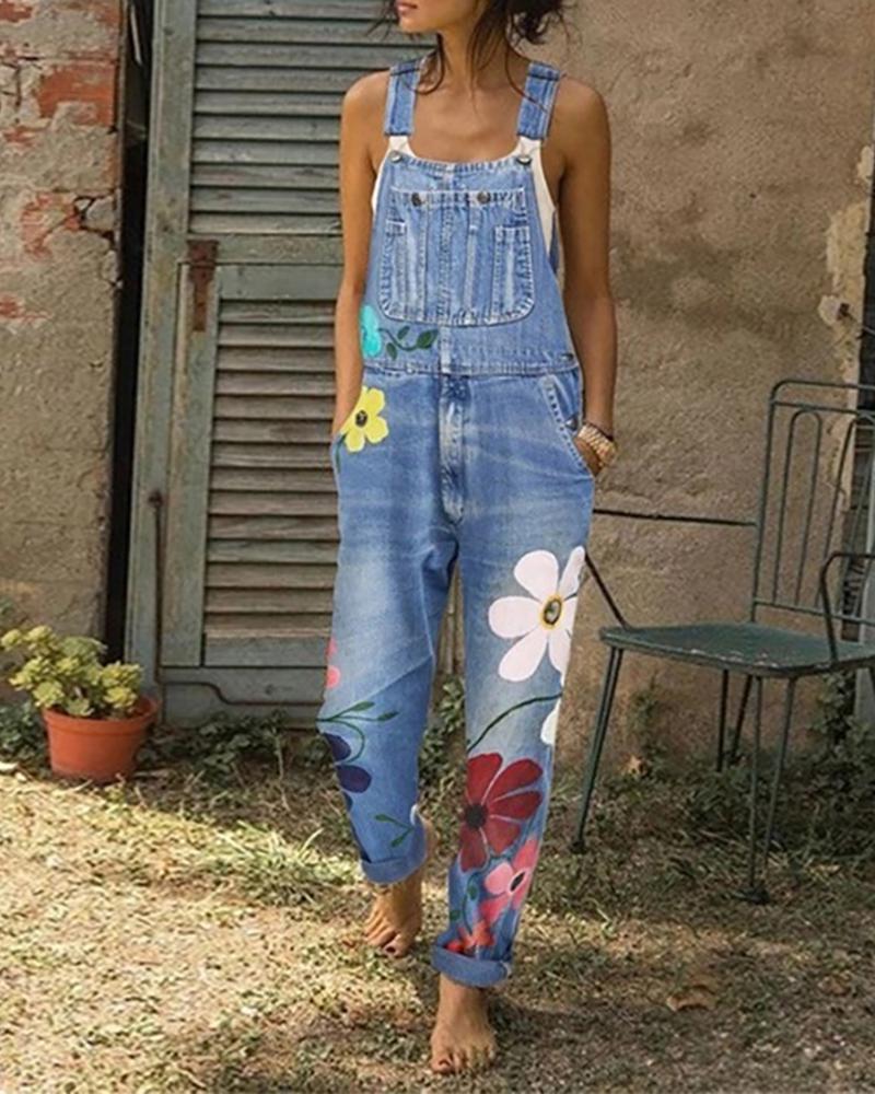 

Pocket Floral Print Suspender Denim Jumpsuit, Blue