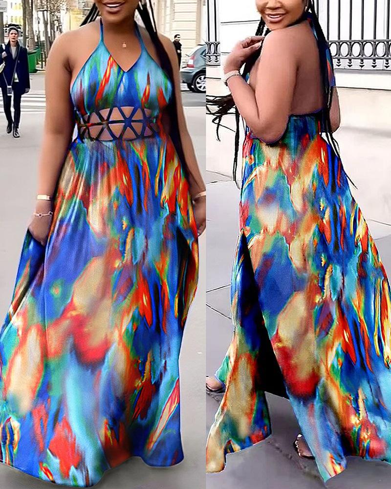 

Plus Size Tie Dye Print Hollow Out Backless Maxi Dress, Blue