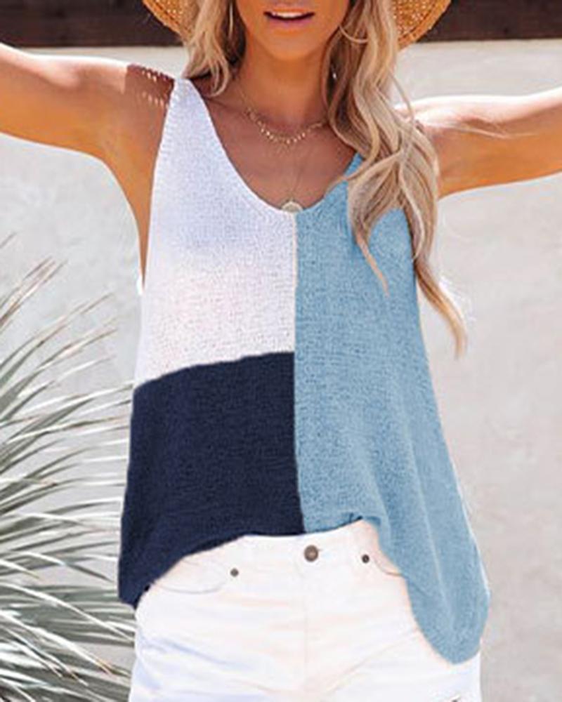 

Colorblock V-Neck Sleeveless Casual Tank Top, Blue
