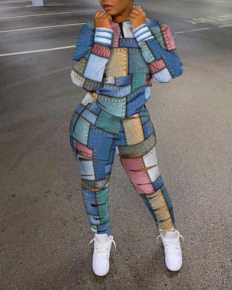 

Denim Look Print Zip Detail Top & Ladder Cutout Pants Set, Blue