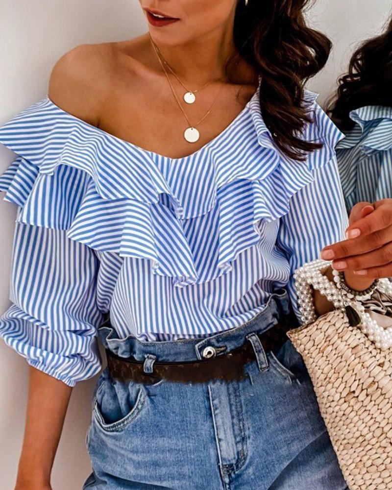 

Striped Colorblock Ruffles Top, Blue