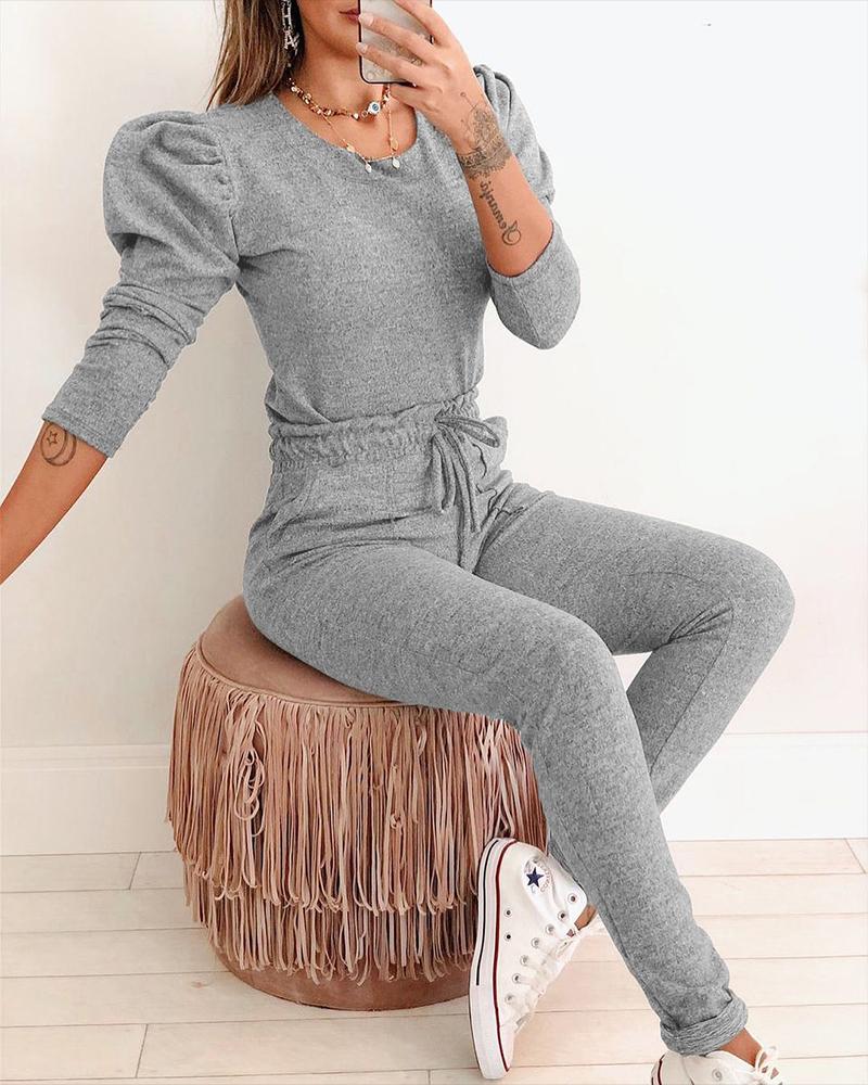 

Puff Sleeve Top & Drawstring Waist Skinny Pants Set, Gray