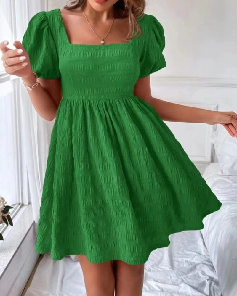 

Puff Sleeve Bubble Textured Casual Dress, Green