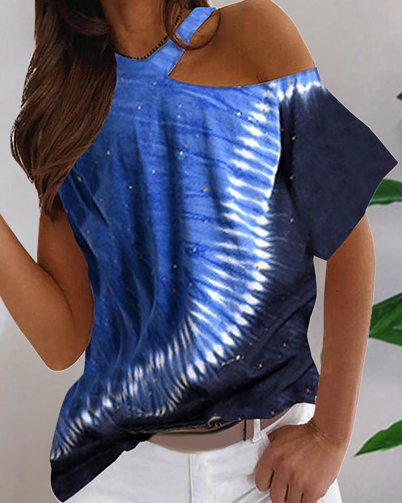 

Tie Dye Cut-out Short Sleeve Loose T-shirts, Blue