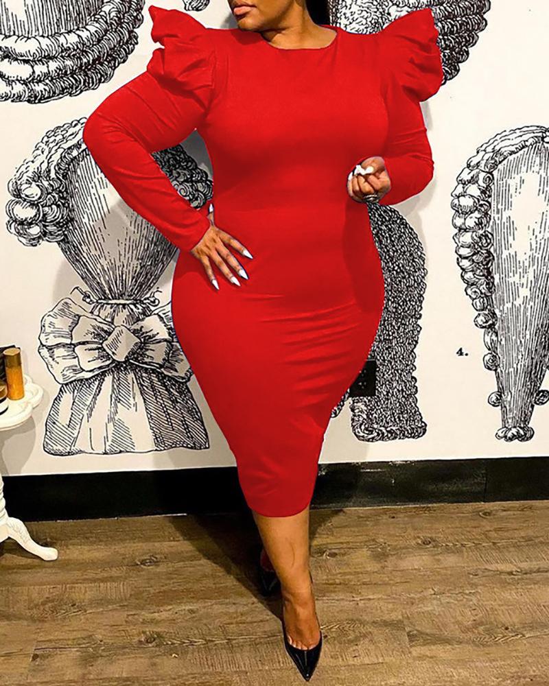 

Puff Sleeve Skinny O Neck Midi Dress, Red