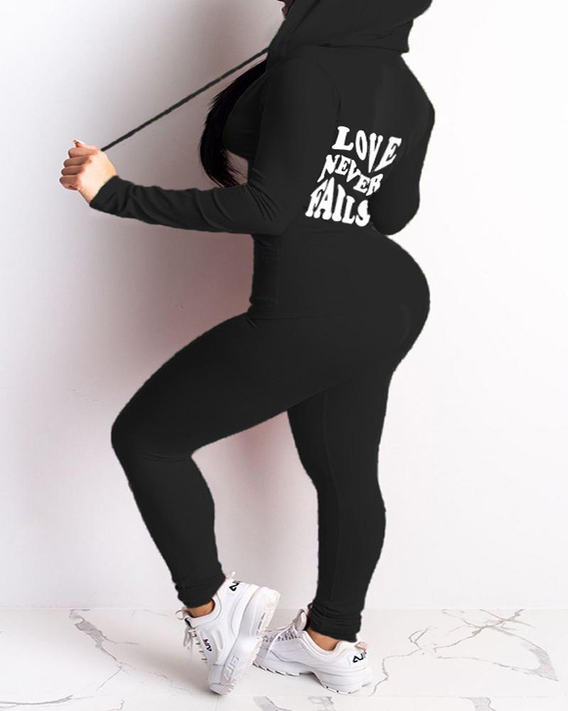 

Plus Size Letter Print Long Sleeve Casual Top & Pants Set, Black