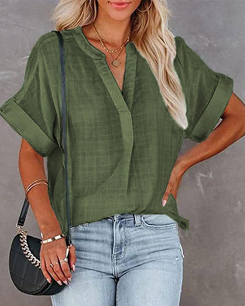 

V-Neck Roll Up Sleeve Flowy Top, Green