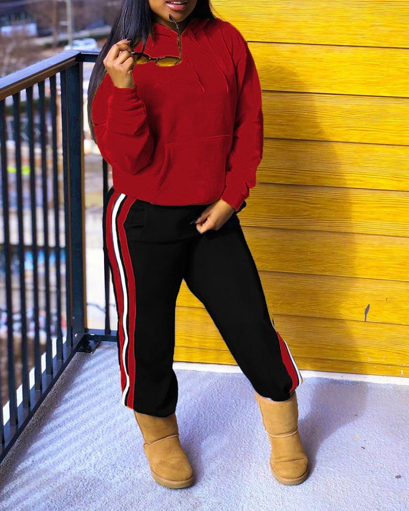 

Pocket Design Long Sleeve Hoodie & Striped Tape Pants Set, Red