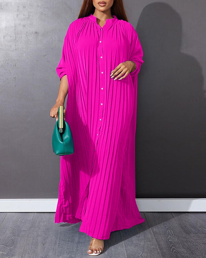 

Pleated Button Design Maxi Dress, Hot pink