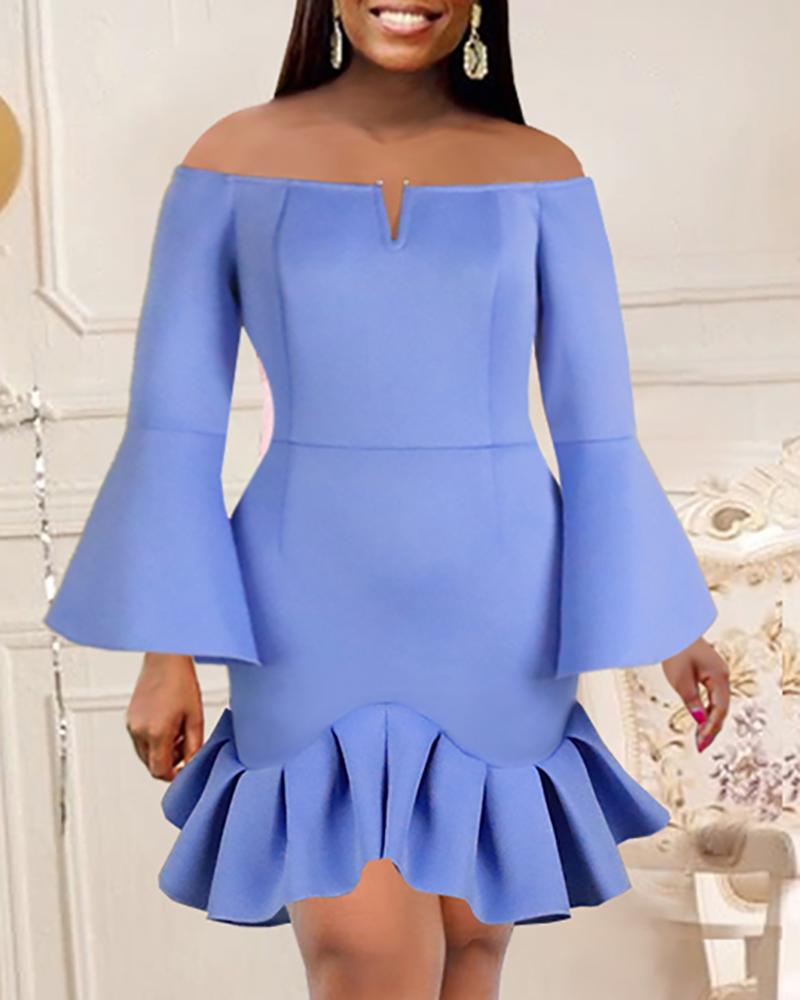 

Off Shoulder Ruffles Bell Sleeve Party Dress, Light blue