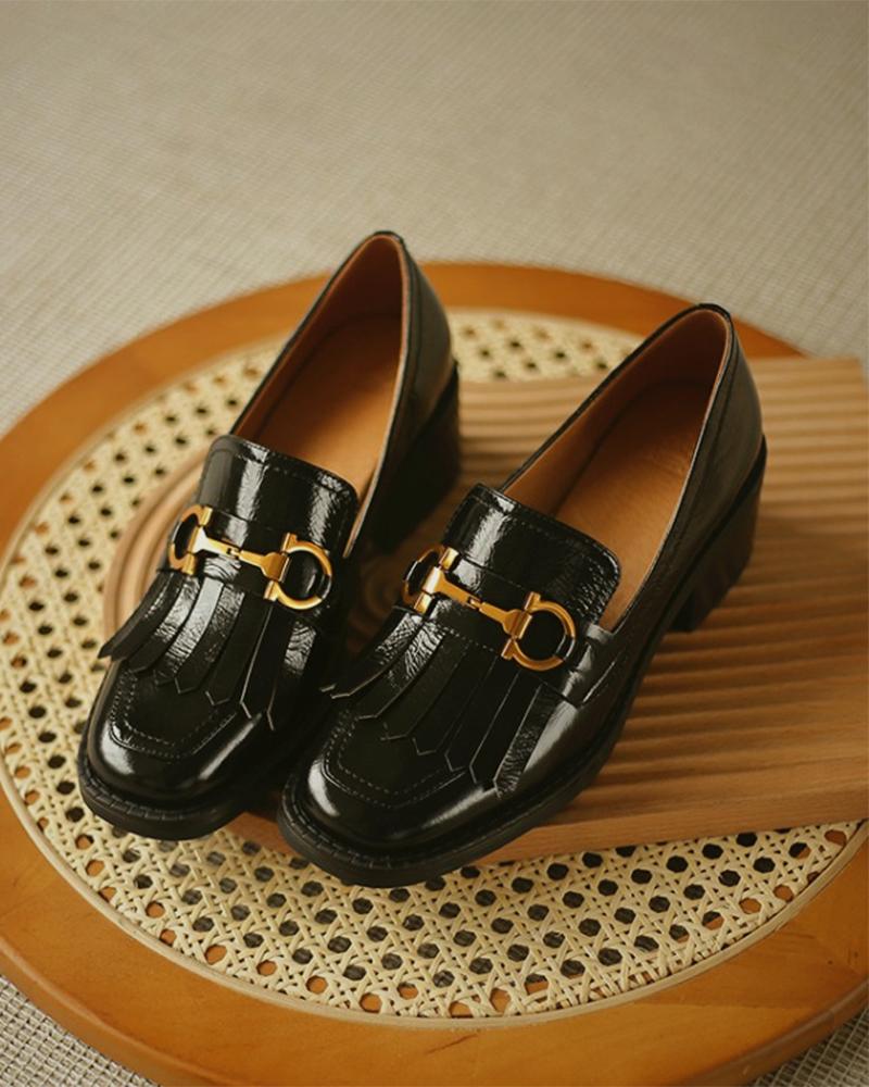

Metallic Buckle & Tassel Square Toe Chunky Loafers, Black