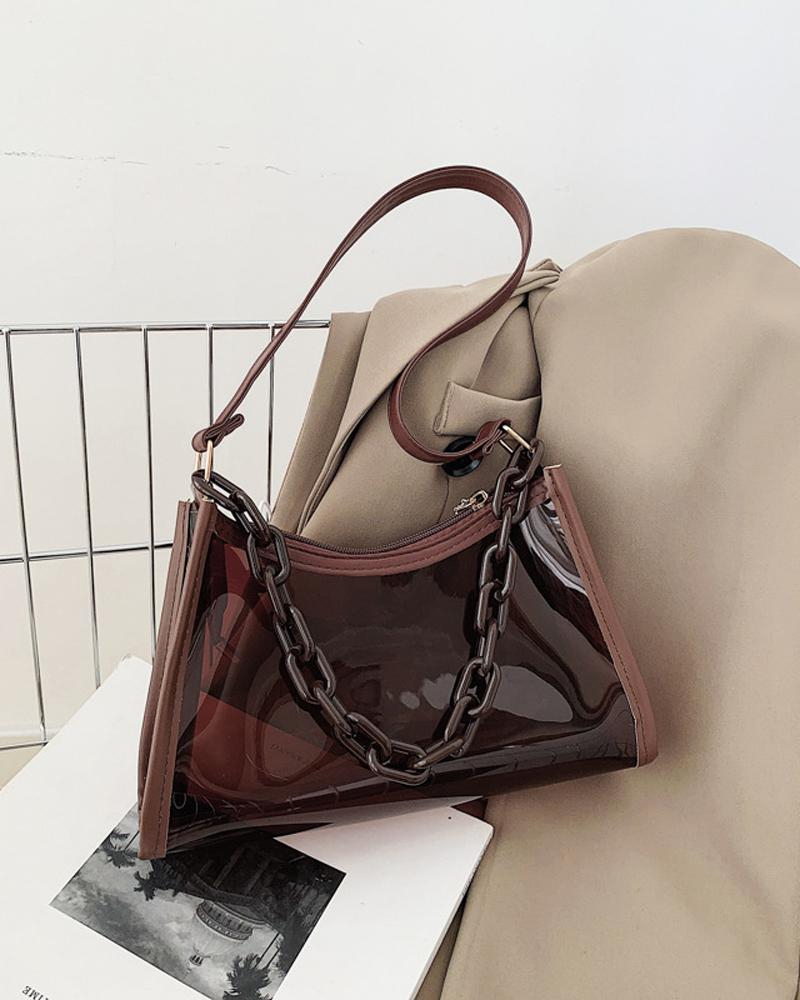 

Chain Decor Clear Baguette Bag, Brown