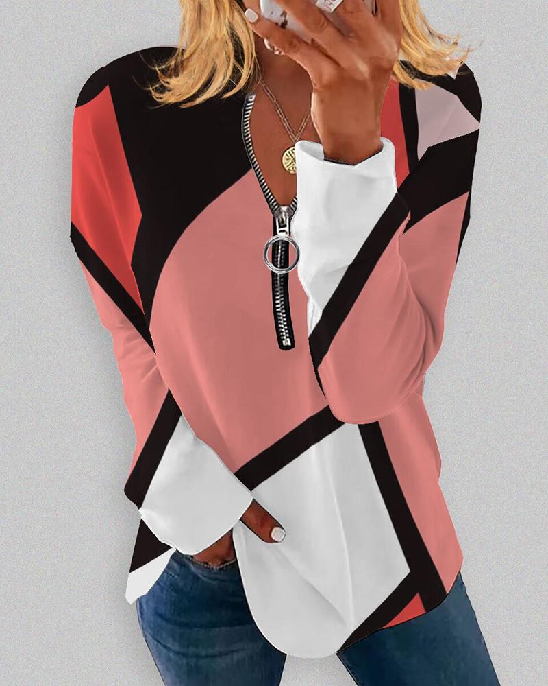 

Geometric Print Zipper Design Top, Red