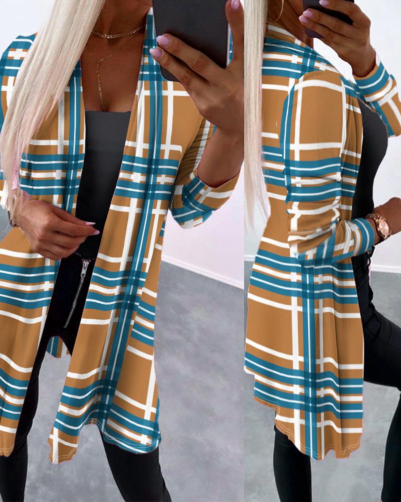 

Plaid Print Open Front Longline Coat, Khaki