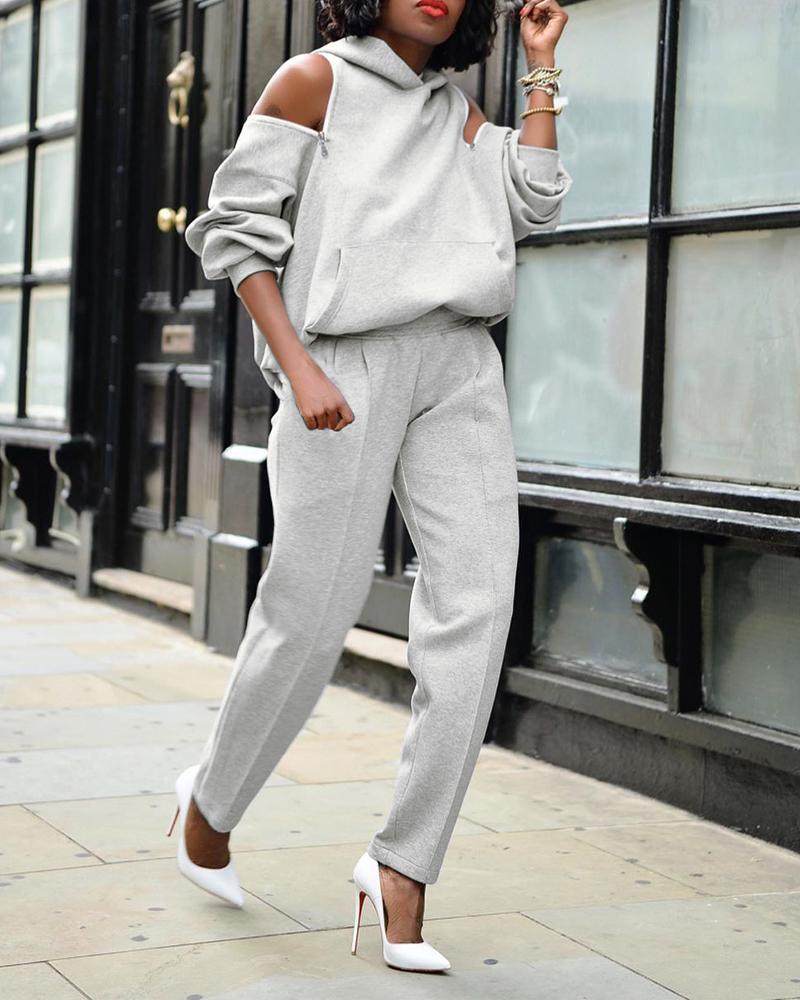 

Zipper Detail Cold Shoulder Hoodie & Pants Set, Gray