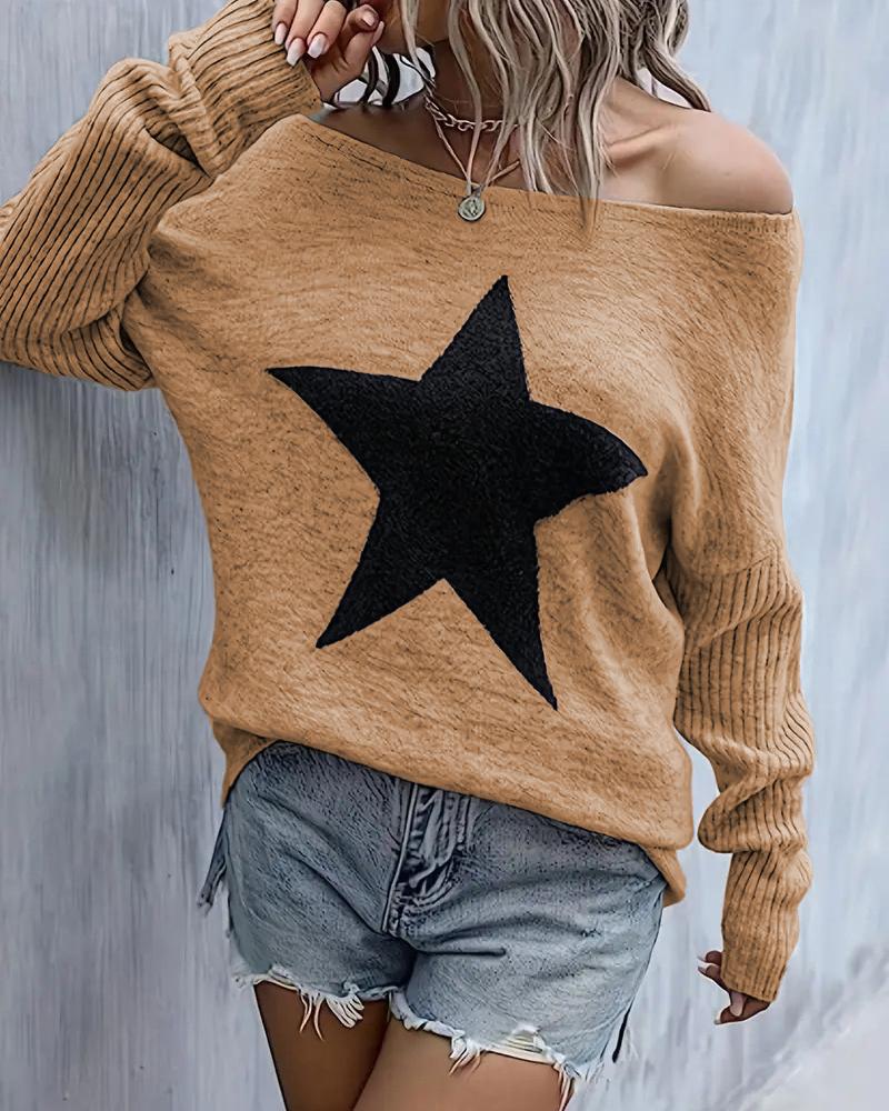 

Star Pattern Round Neck Casual Knit Sweater, Khaki