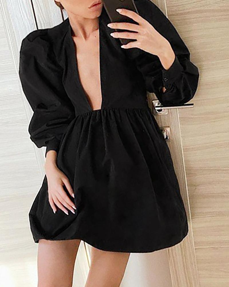 

Puff Lantern Sleeve Plunge Casual Dress, Black