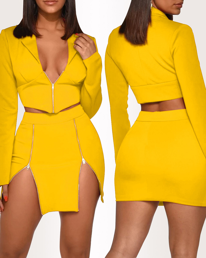 

Zip Front Blazer Coat & High Waist Skirt Set, Yellow