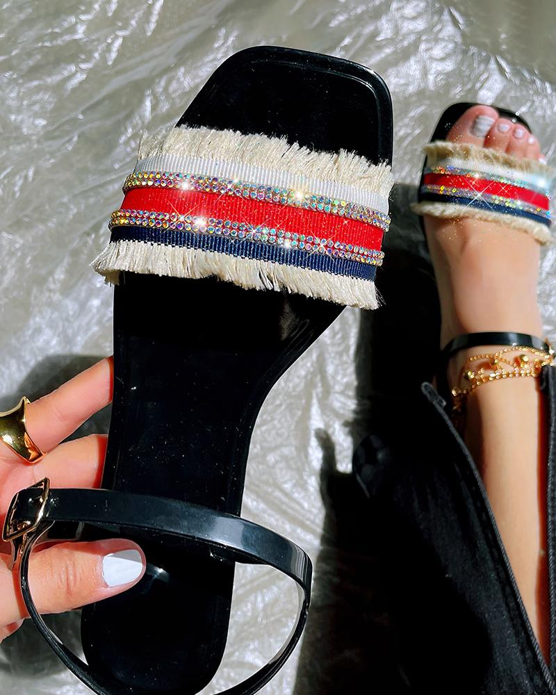

Striped Rhinestone Ankle Strap Sandals, Beige