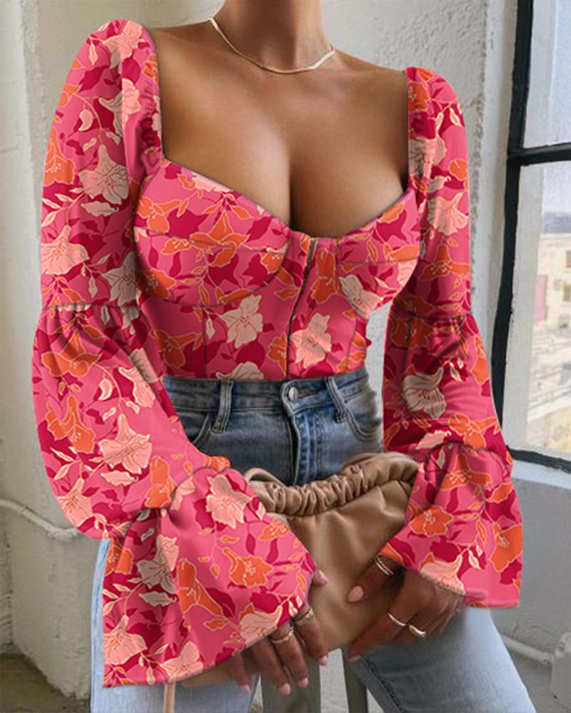 

Floral Print Wide Sleeve Zipper Design Corset Top, Pink