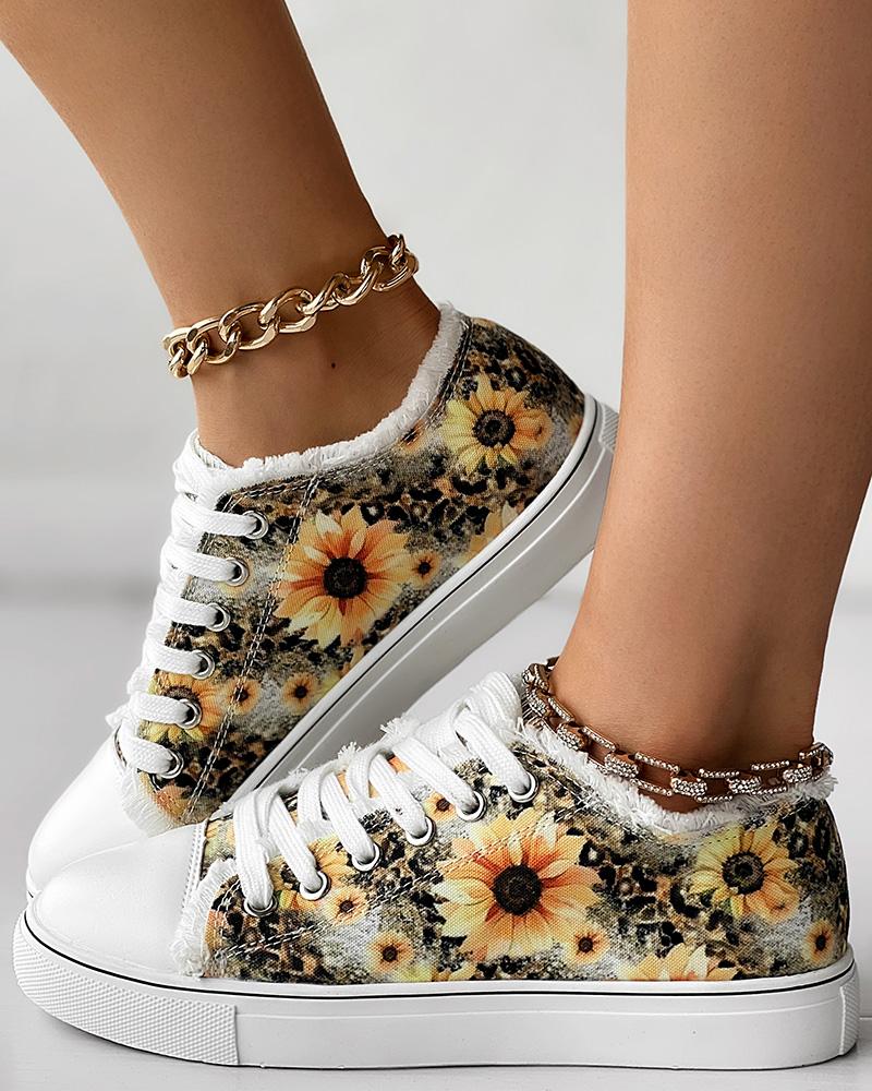 

Sunflower Print Raw Hem Canvas Sneakers, Yellow