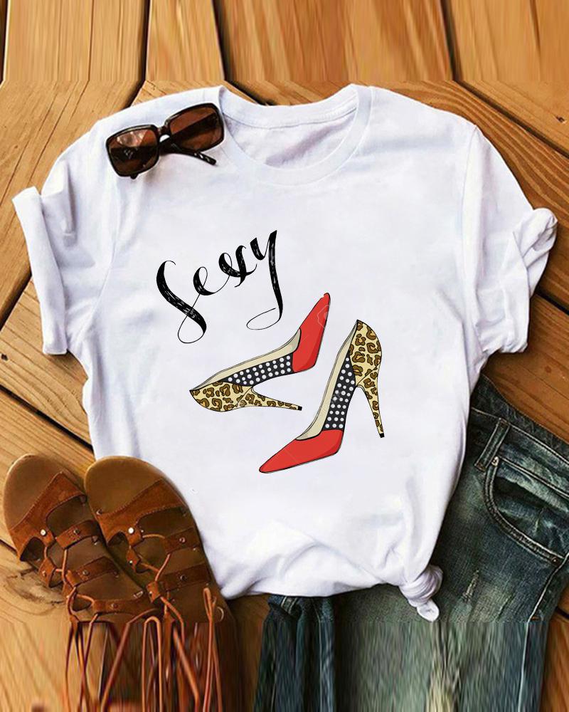 

Letter Shoes Print Short Sleeve Casual T-shirt, White