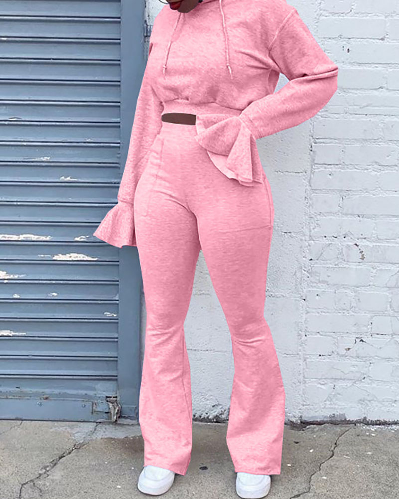

Bell Sleeve Hooded Crop Top & High Waist Bootcut Pants Set, Pink