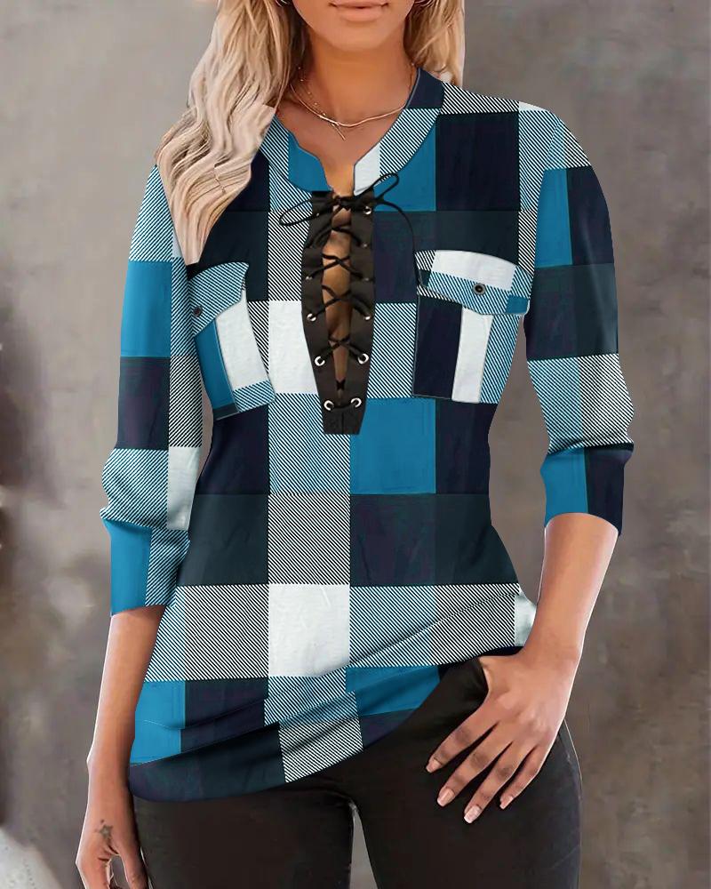 

Plaid Print Colorblock Eyelet Lace-up Stand Collar Top, Blue