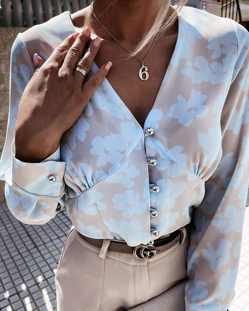 

Long Sleeve Floral Print Button Design Top, Blue