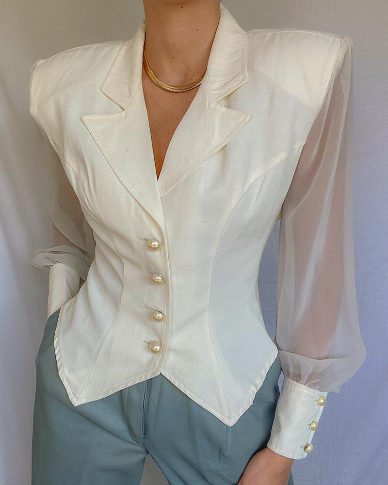 

Sheer Mesh Sleeve Padded Shoulder Blazer Coat, White