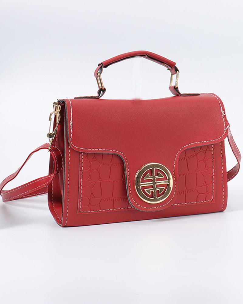 

Geometric Quilted Flap Magnetic Satchel Bag, Red