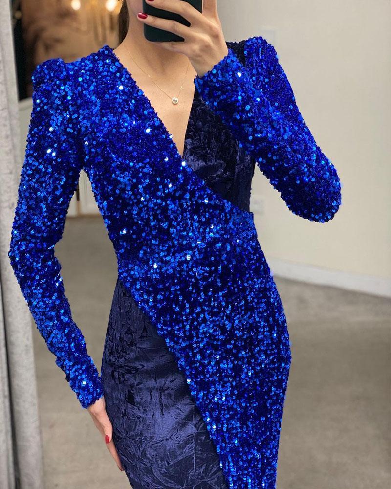 

Sequin Patch Split Thigh Velvet Prom Dress, Blue