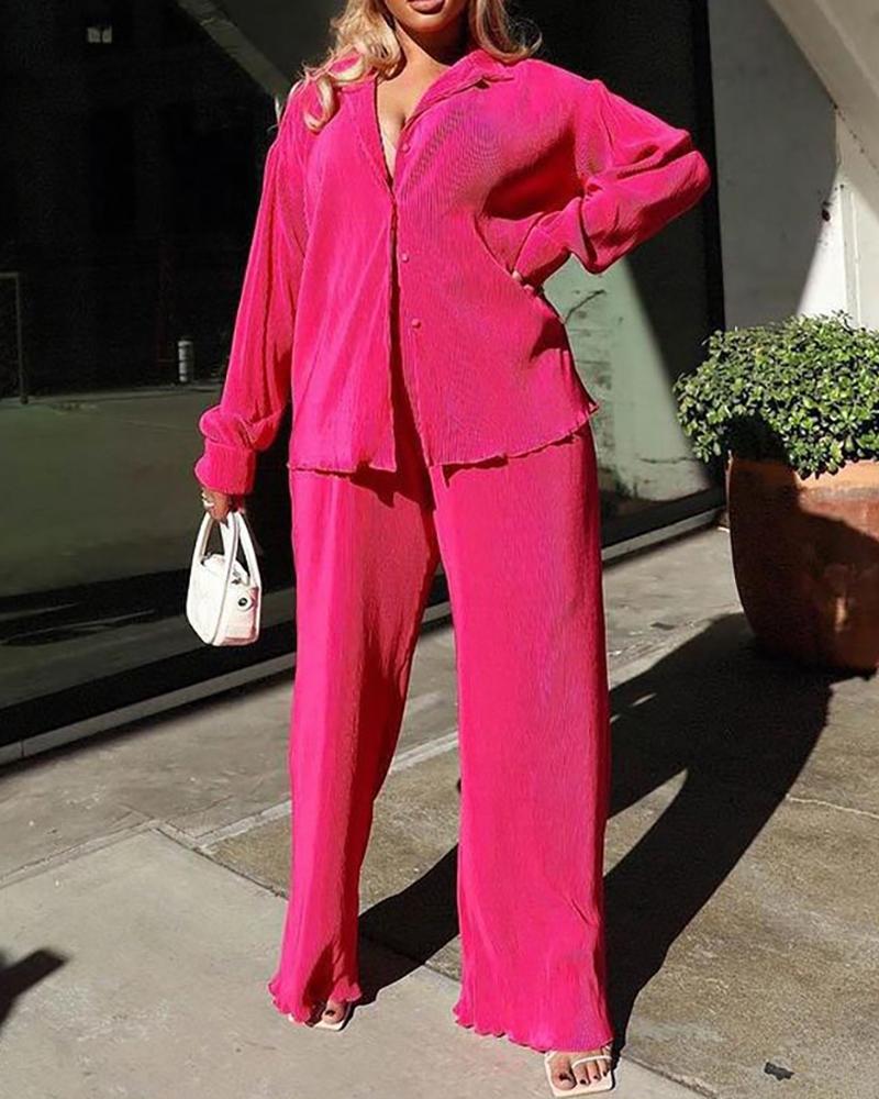 

Pastel Button Front Top & Wide Leg Pants, Hot pink