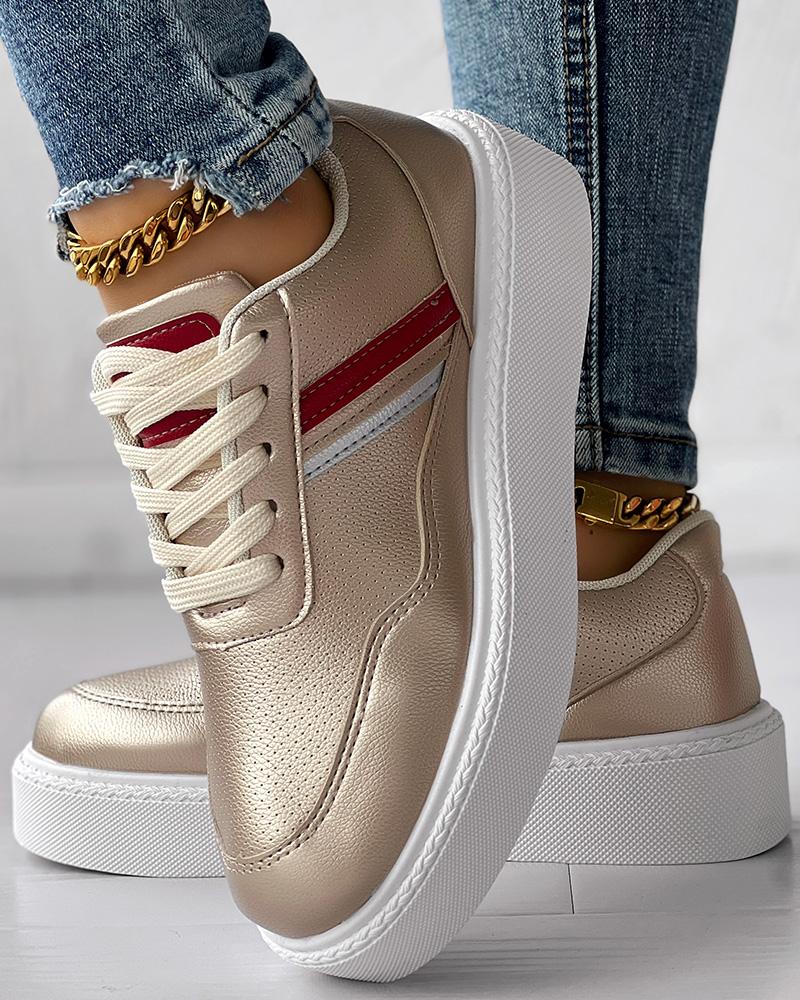 

Striped Lace-up Platform Casual Sneakers, Gold