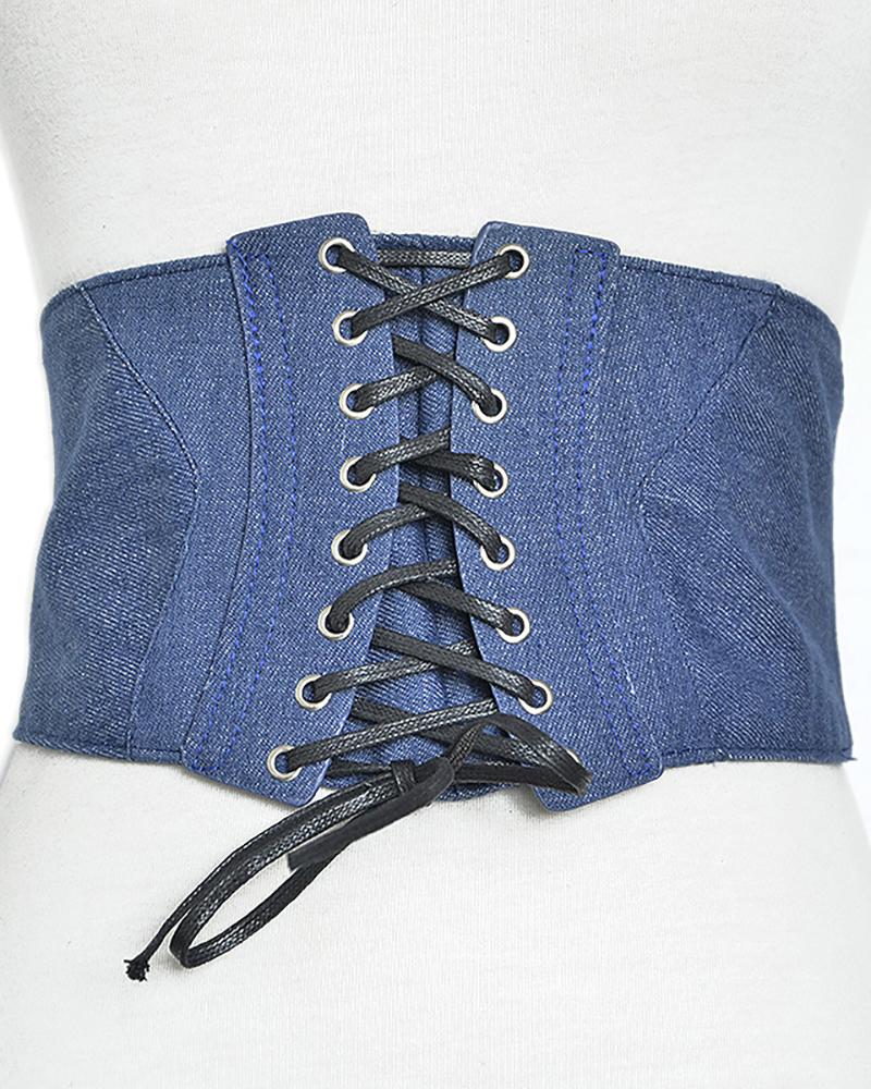 

1PCS Eyelet Lace-up Denim Wide Belt Corset, Blue