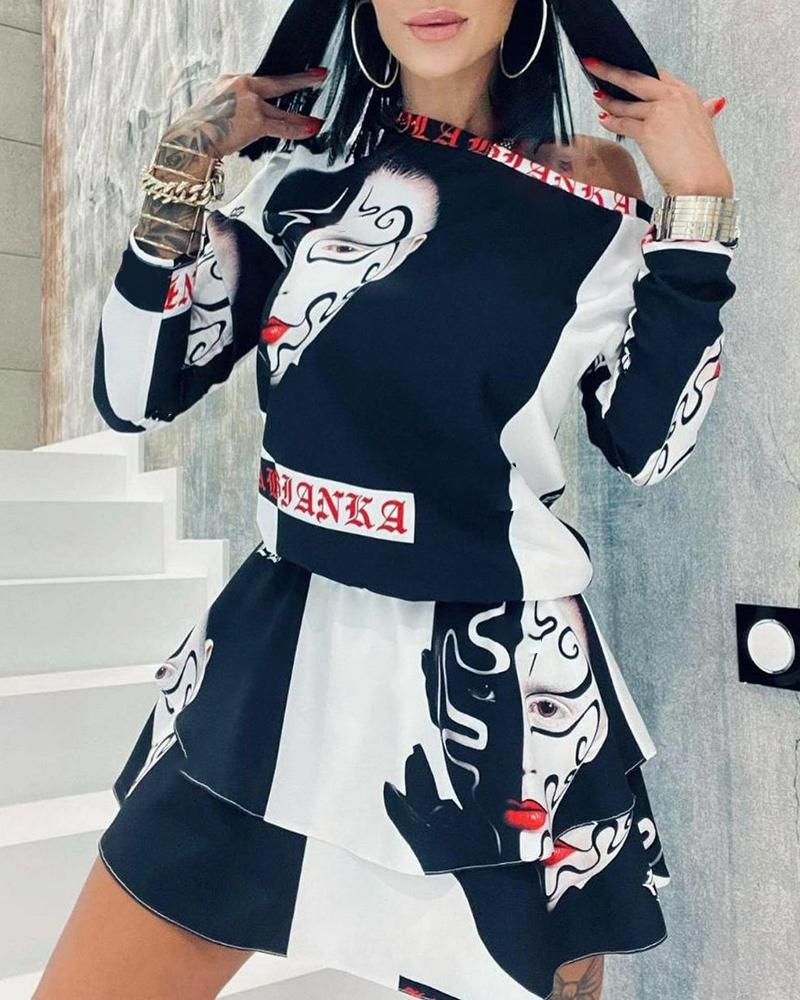 

Figure Letter Print Long Sleeve Layered Dress, Black
