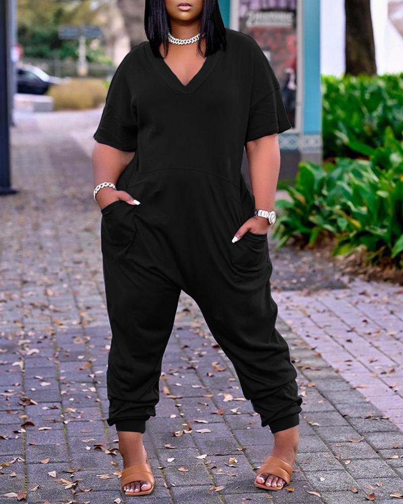 

Pocket Design Plain Short Sleeve Jumpsuit, Black