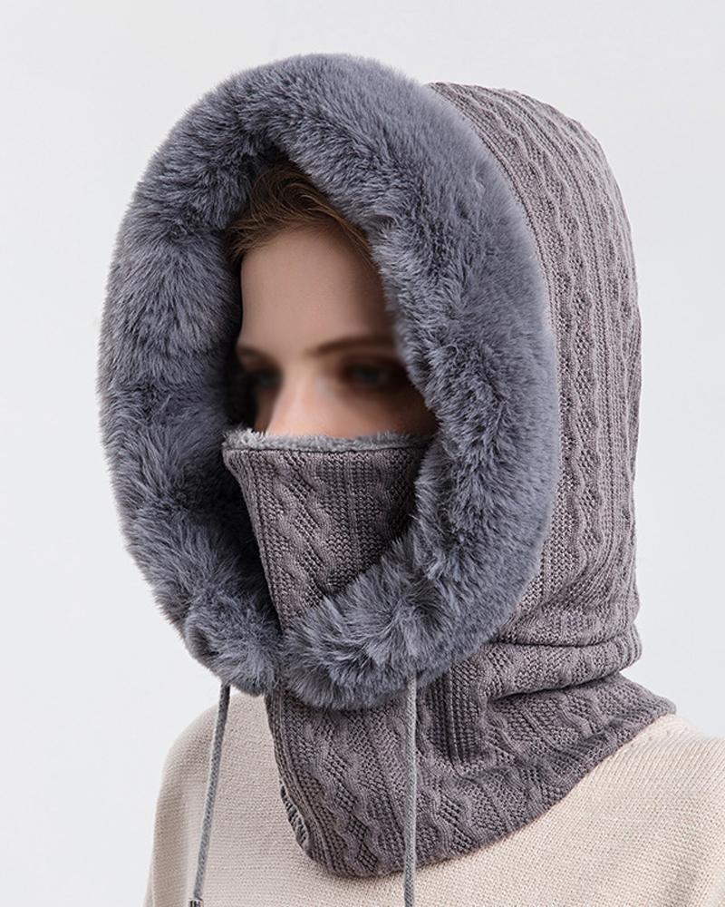 

1pc Fuzzy Trim Fleece Lined Beanie Hat Scarf Mask Drawstring Warm Hooded Winter Balaclava Pullover Cable Knitted Hats, Gray