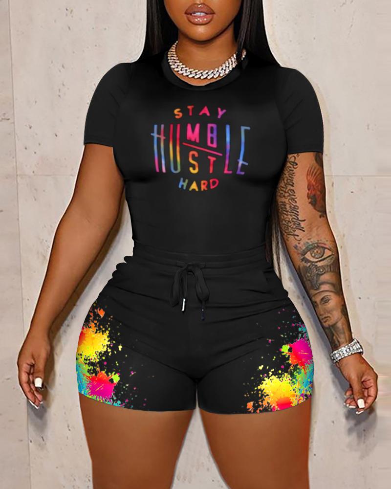 

Stay Humble Hustle Hard Print Casual Top & Ink Splash Shorts Set, Black