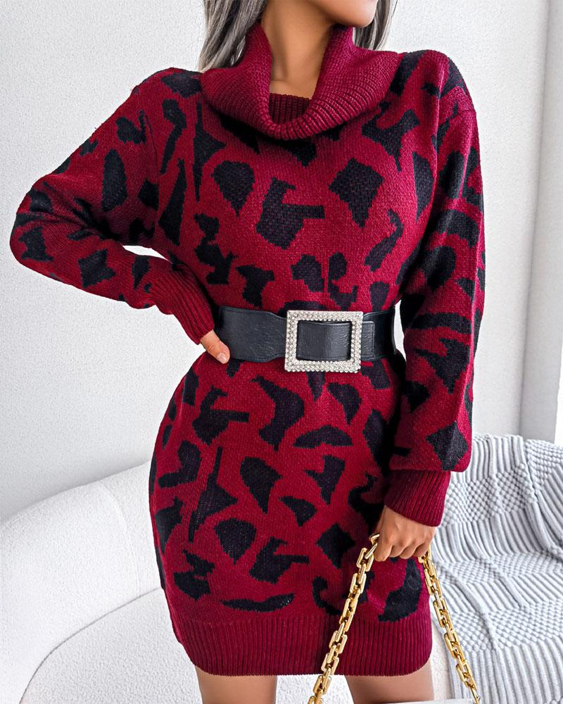 

Abstract Pattern Long Sleeve Turtleneck Sweater Dress, Wine red