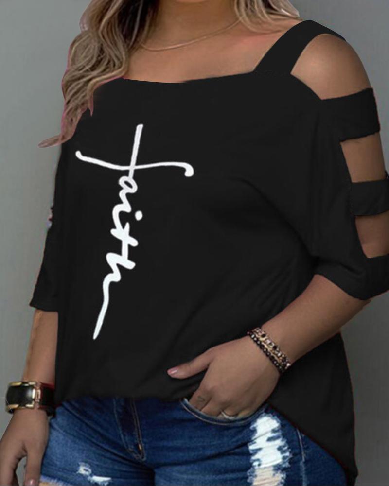 

Plus Size Letter Print Cold Shoulder Top, Black