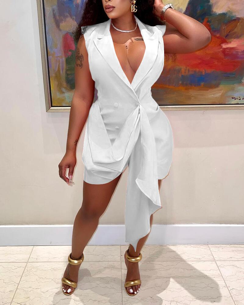 

Notched Collar Asymmetrical Double Breasted Romper, White