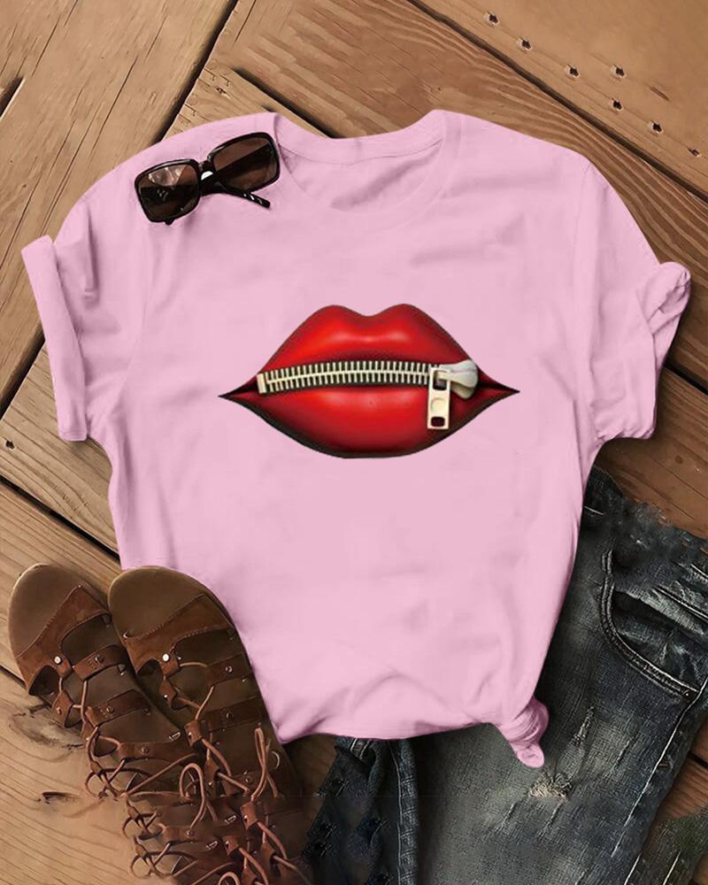 

Plus Size Zipper Lip Print Casual T-shirt, Pink