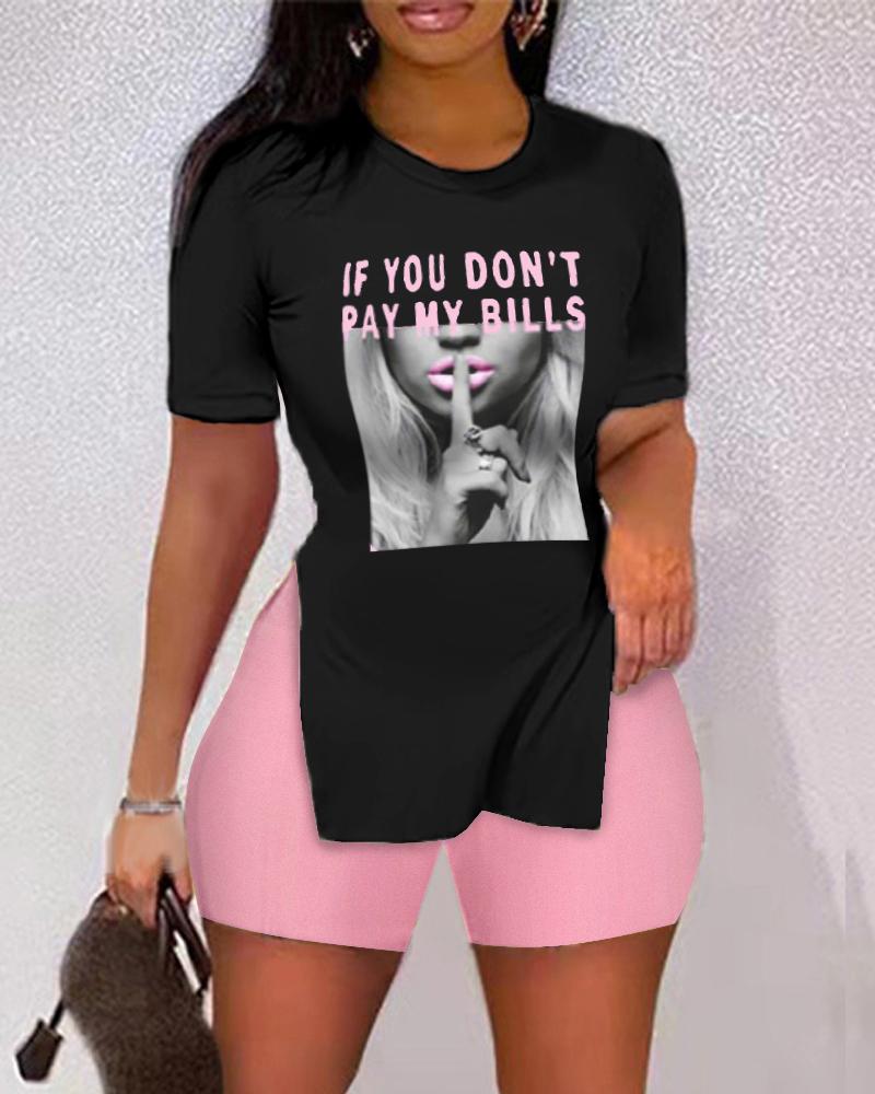 

If You Don't Pay My Bills Slogan Print Split Hem Top & Shorts Set, Black