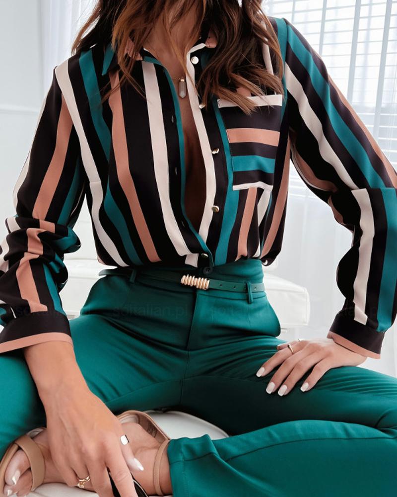

Striped Print Long Sleeve Button Down Shirt, Green