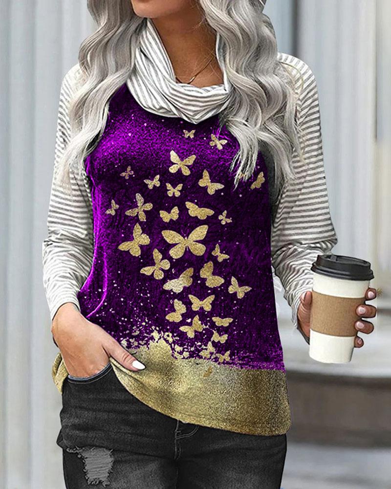 

Striped Butterfly Print Long Sleeve Top, Purple