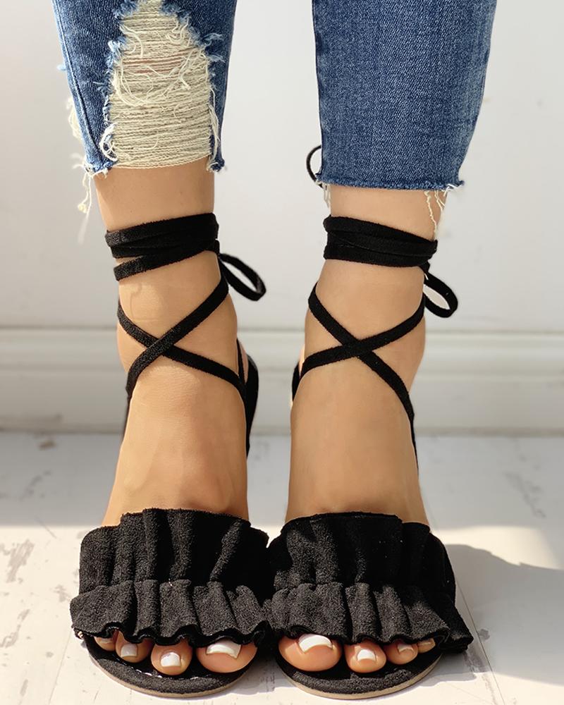 

Suede Ruched Frill Hem Flat Sandals, Black