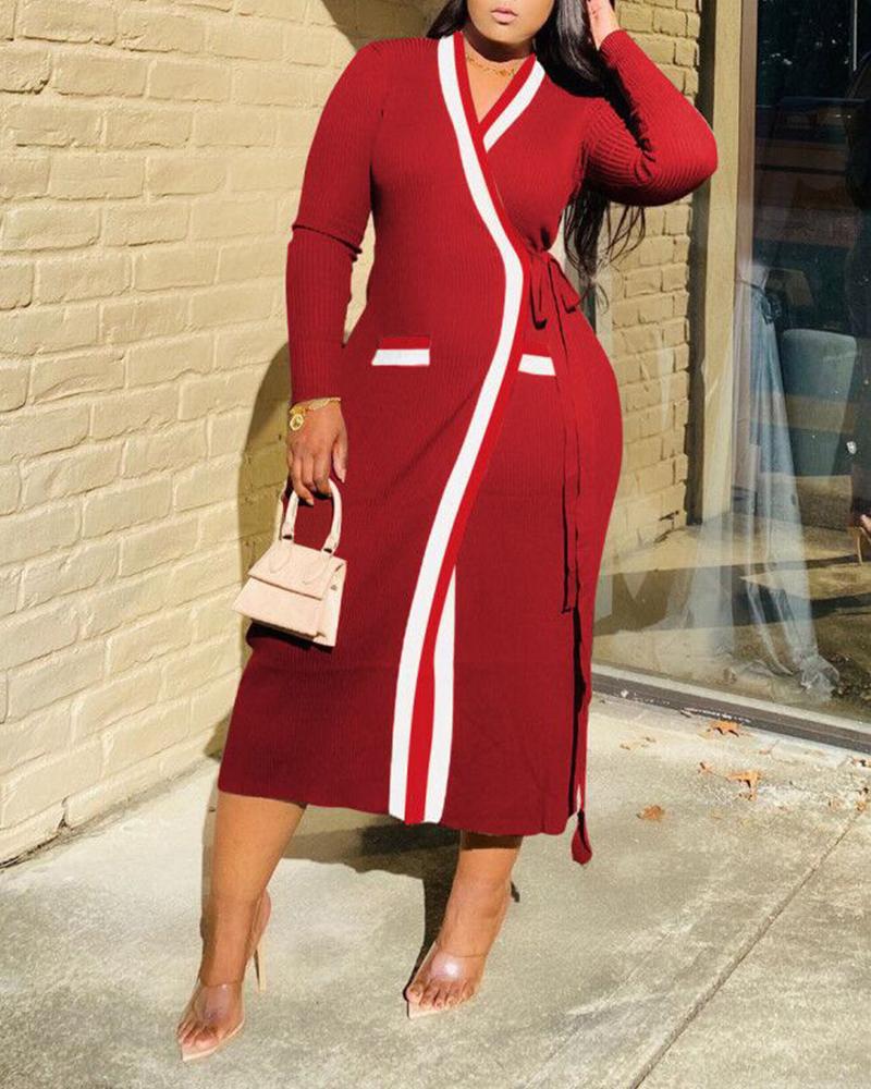 

Color Border Long Sleeve Loose Knitted Coats, Red