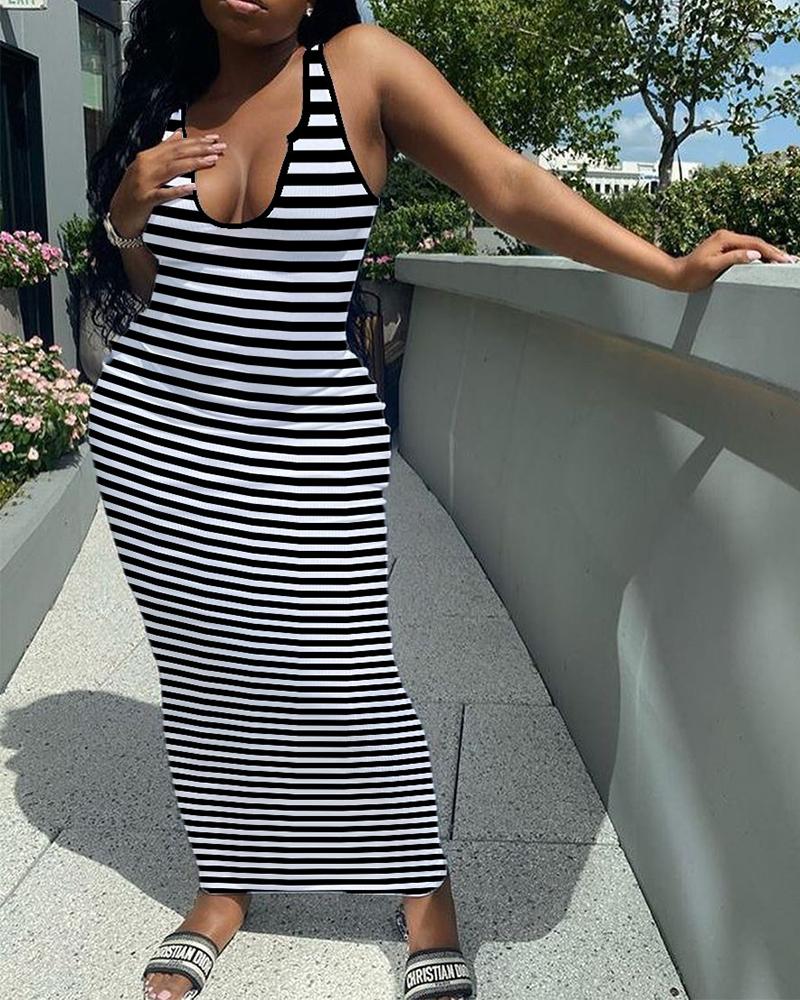 

Color Block Striped Sleeveless Skinny Maxi Dress, Black